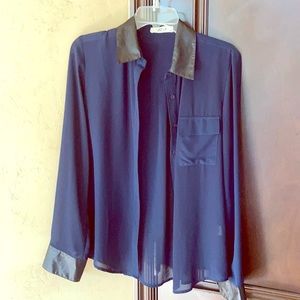 Navy see through shirt with faux leather trim